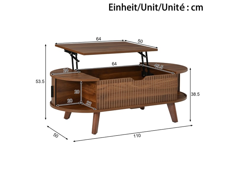 Table basse relevable ovale 110x50x53,5 cm avec rangement coloris noyer  - Conforama C