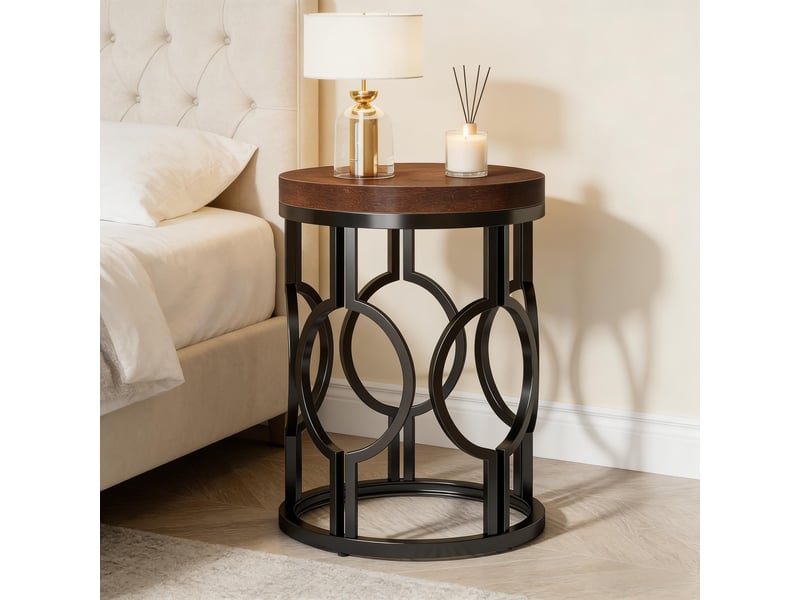 Table d'appoint ronde en mdf et métal marron rustique et noir ø45x60 cm - Conforama E