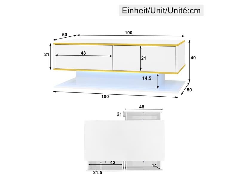  Table basse avec 3 tiroirs, 1 niche ouverte et led, finition brillante, pour salon, 100 × 50 × 40 cm, blanc et or  - Conforama D
