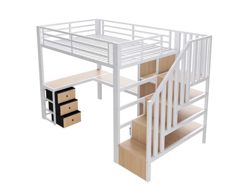 Elvmi lit mezzanine enfant 90x200 cm avec bureau intégré, éclairage led contrôlable par application, escalier de rangement, 4 tiroirs, étagère, grille de suspension, structure en métal et mdf, blanc - Conforama A
