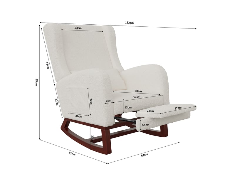  Fauteuil à bascule - 67 x 98 x 99 cm - blanc - en tissu bouclette - chaise à bascule avec repose-pieds et pieds en bois  - Conforama B