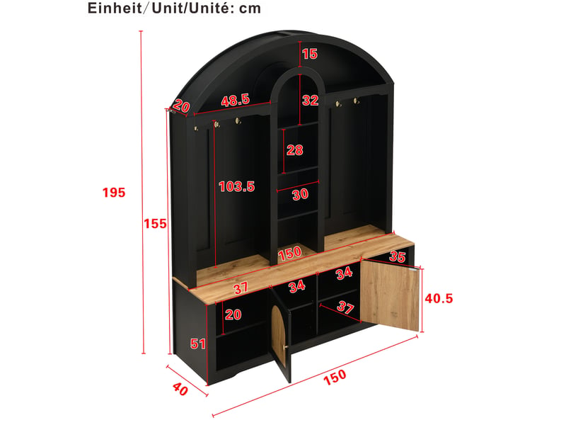  Meuble d'entrée avec 2 portes, étagères ouvertes et crochets pour hall, mdf noir aspect bois, 150 × 40 × 195 cm  - Conforama E