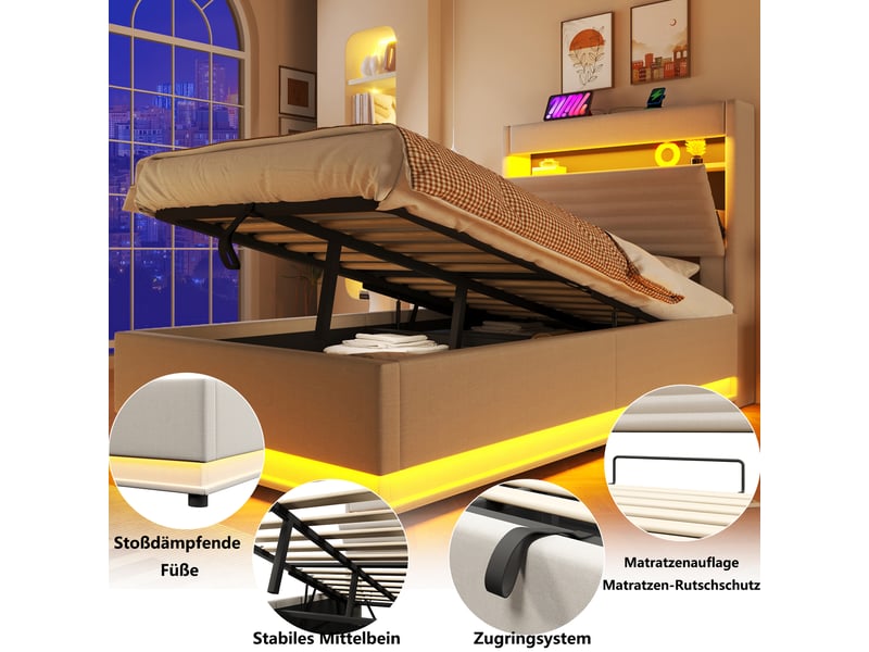  Lit coffre 90x200 cm en lin beige avec rangement hydraulique, tête de lit led et ports usb et type-c.  - Conforama E