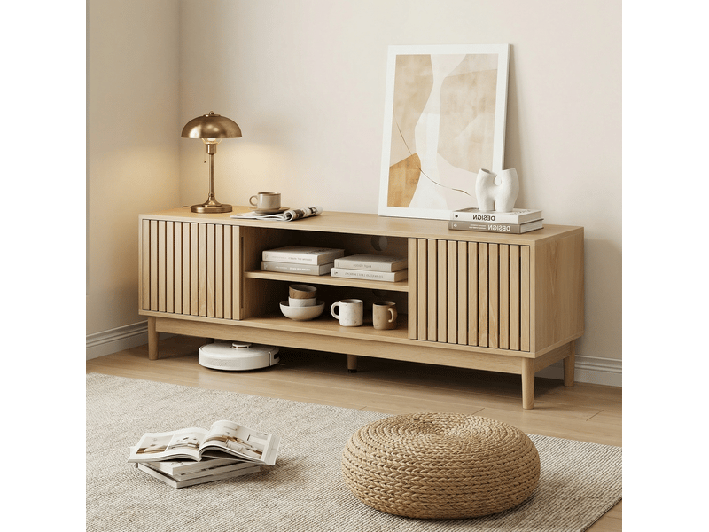  Meuble tv 140x39x48 cm avec rangements et portes, coloris chêne clair  - Conforama E