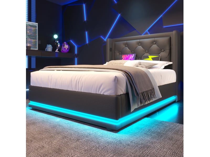  Lit coffre 1 place 90x200 cm avec led et usb-c, revêtement pu noir  - Conforama C