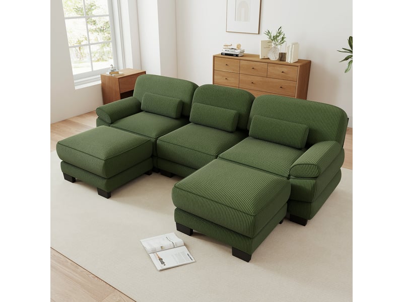  Canapé modulable en u modenvie 3 places avec 2 poufs, velours côtelé vert, assise profonde, 265 x 161 x 94 cm  - Conforama B