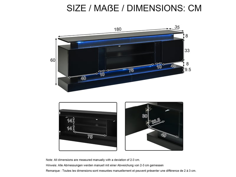  Meuble tv 180x35x60 cm jusqu'à 75 pouces, led rgb bluetooth, 2 portes à pression, mdf noir, rangements réglables  - Conforama C