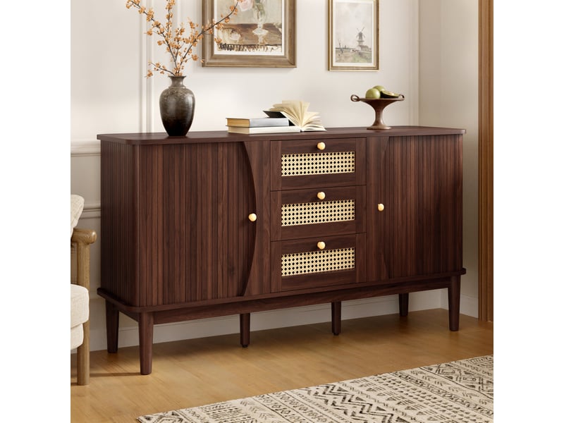  Buffet 141 x 40 x 77 cm noyer foncé en mdf, 3 tiroirs en rotin, 2 portes coulissantes et étagères réglables  - Conforama B