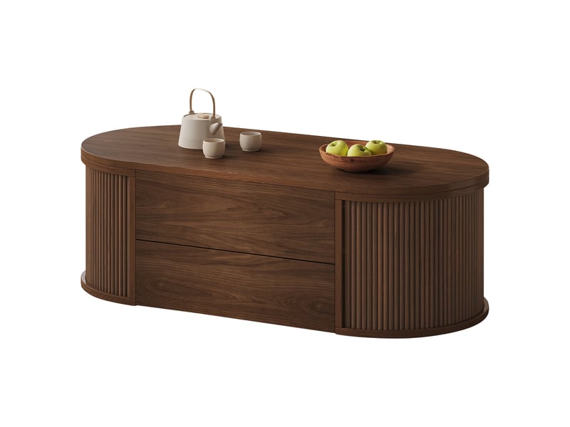  Table basse à bords arrondis 100 x 50 x 35 cm, plateau relevable, 1 tiroir à pression, coffre intégré, mdf et panneaux de particules, décor noyer Luxe haut de gamme - Conforama A