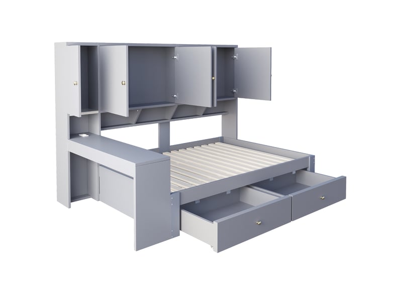 Lit enfant 90x200 cm lit simple avec bureau intégré et compartiments, tiroirs, éclairage led et prises, gris, sans matelas - Conforama R