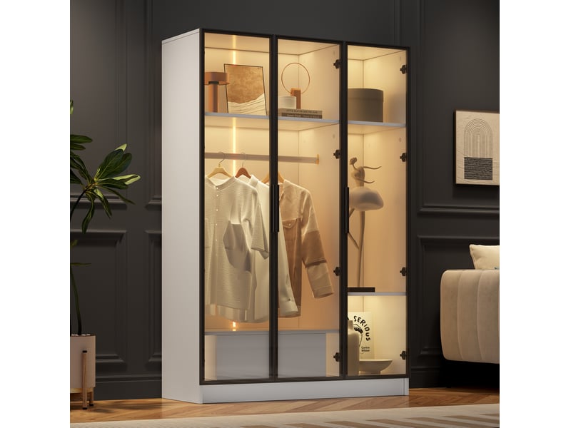 Armoire de rangement avec 3 portes vitrées, 1 tiroir, 1 tringle et led pour chambre et dressing, 110 × 50 × 160 cm - Conforama C