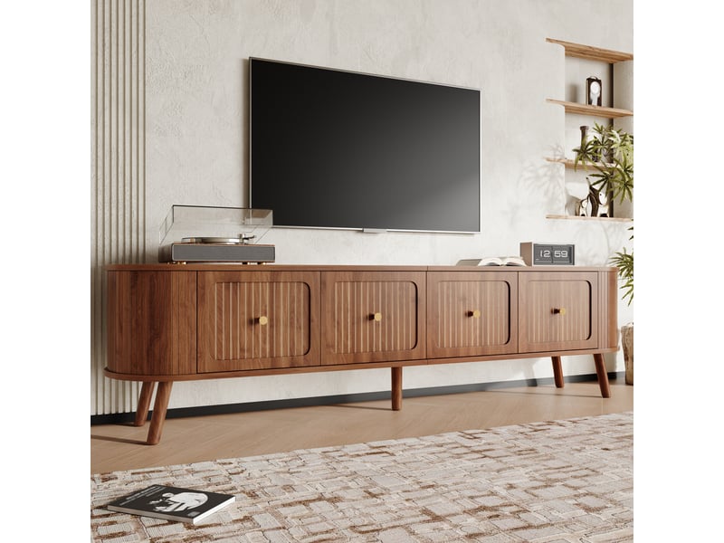  Meuble tv 4 portes abattantes avec rangement pour salon 180×38×47 cm en mdf et panneaux de particules noyer  - Conforama D