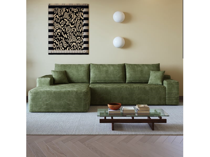  Canapé d'angle modulaire 3 places 270 cm en velours côtelé vert, méridienne gauche et assise profonde  - Conforama E
