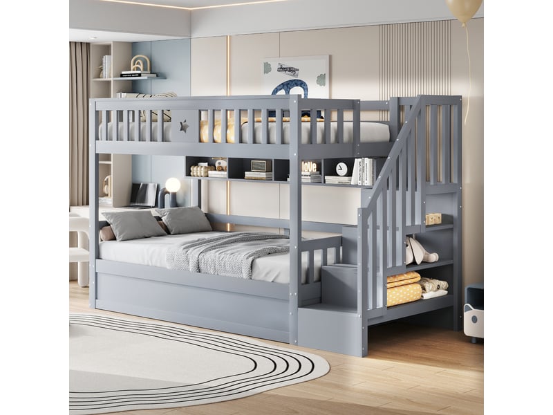 Lit superposé 90x200 cm - lit simple enfant avec escalier fonctionnel et rangements - structure robuste - en pin et mdf - gris - sans matelas - Conforama D