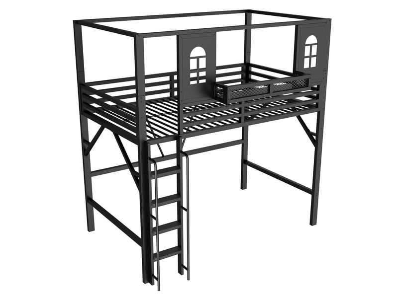  Lit mezzanine enfant 90 x 200 cm en métal, toit cabane avec fenêtres, échelle sécurisée, rangement, noir evarich - Conforama D