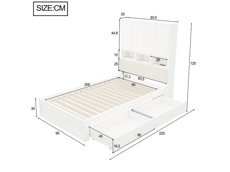 Lit simple multifonction 90x200 cm, tête de lit rembourrée, led, prise, tiroirs, sommier, bois, blanc, sans matelas - Conforama C