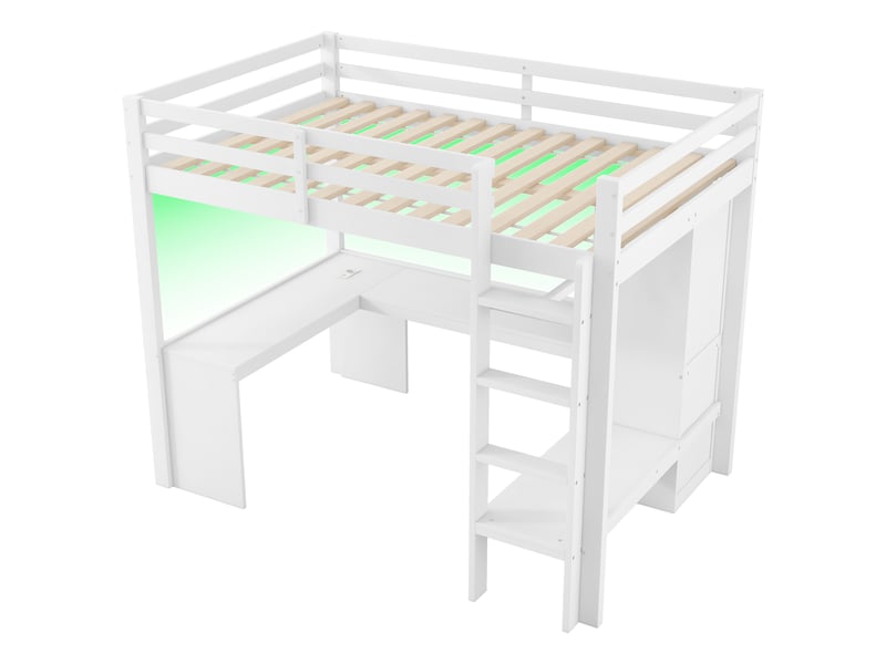Lit surélevé 140x200 cm avec led et port usb-c garde-corps et rangements, lit enfant avec sommier à lattes en mdf et pin blanc - Conforama C