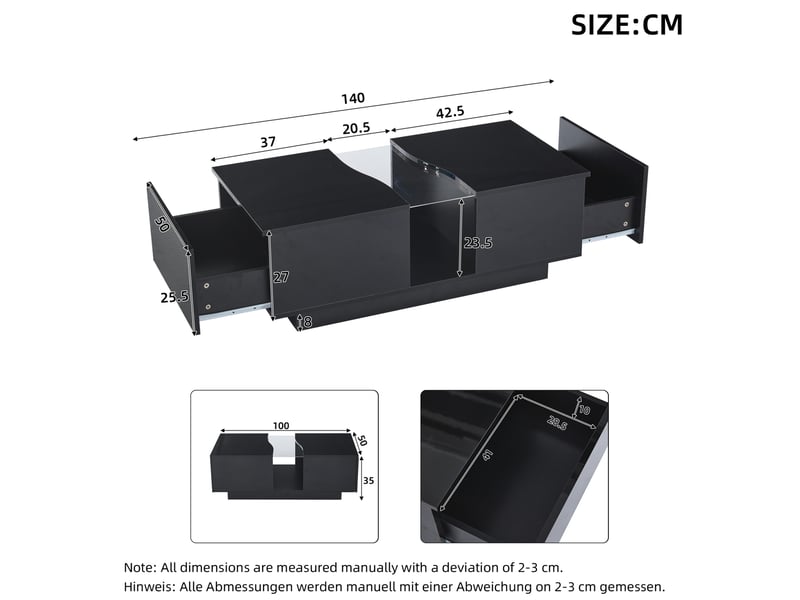  Table basse led 100x50x35 cm noire brillante avec 2 tiroirs et panneau acrylique  - Conforama C