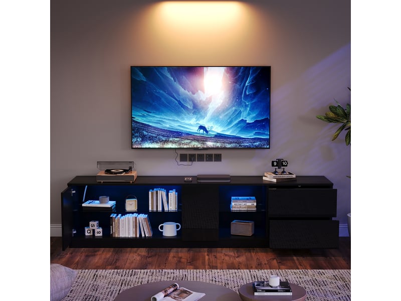  Meuble tv avec 2 tiroirs, porte, étagère en verre et led pour salon 160×40×52 cm en mdf noir  - Conforama C
