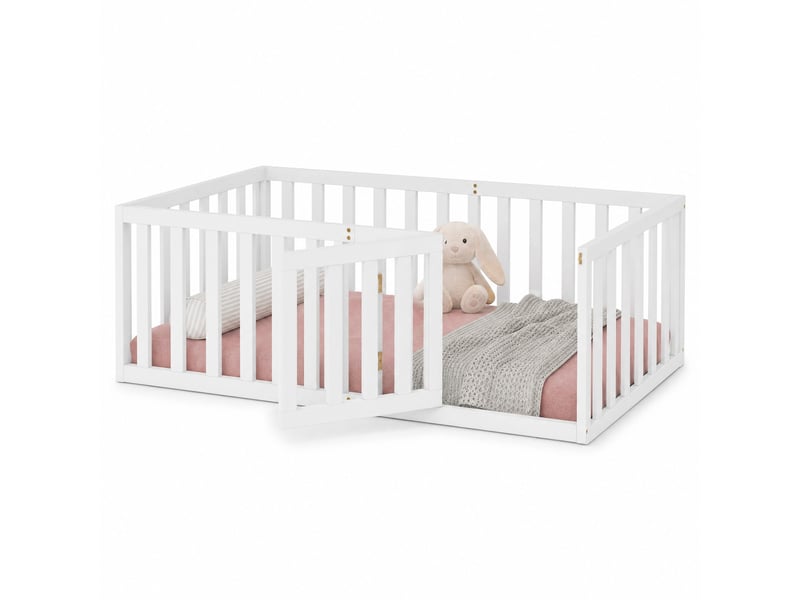  Lit au sol enfant 200×90 cm avec barrières et portillon, sans matelas, en bois blanc  - Conforama A