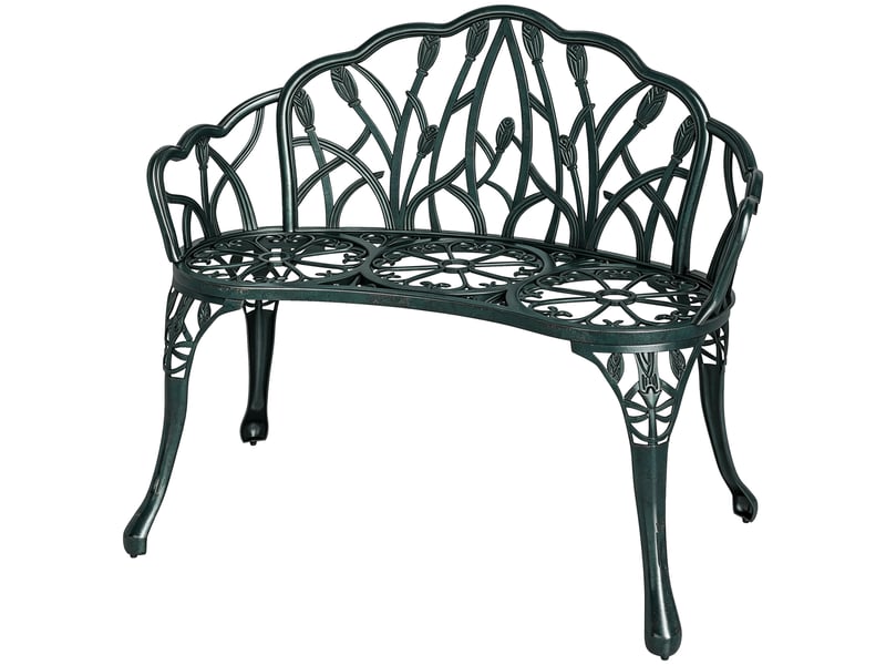  Banc de jardin en aluminium moulé, banc extérieur 2 places avec dossier tulipe, assise florale, 99x57x78cm, vert antique  - Conforama B