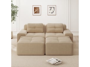 Canapé modulable en u, style cloud en velours côtelé beige, assise profonde, avec pouf