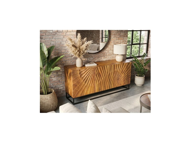  Buffet silva 140 cm en bois massif de manguier sculpté – 3 portes et piètement métal noir  - Conforama B
