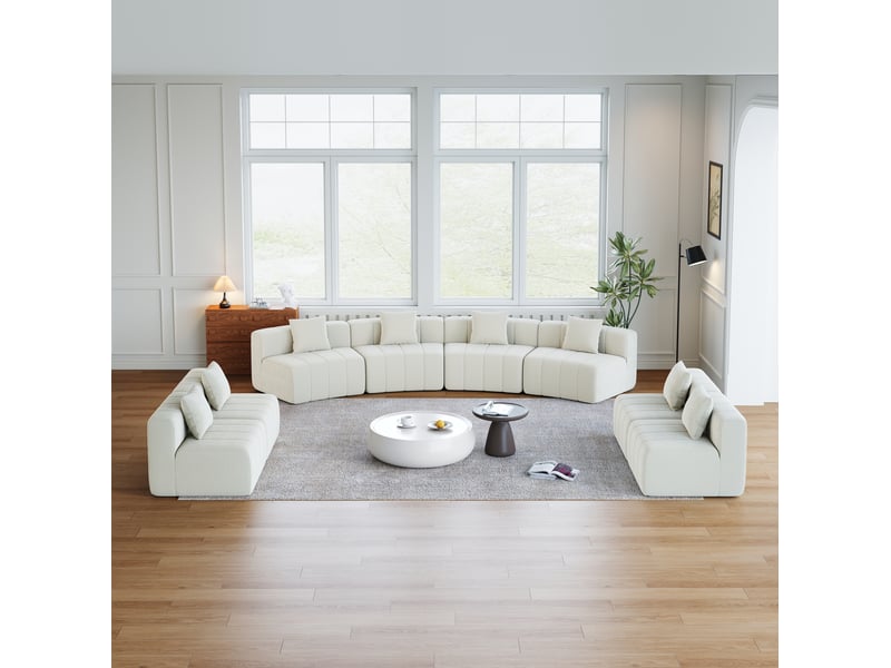 Canapé modulaire modenvie 8 places en chenille beige, forme arrondie, 2 coussins, 388 x 76 x 73,6 cm - Conforama B