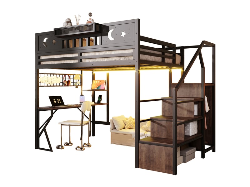 Lit mezzanine enfant 140x200cm avec bureau, panneau perforé pegboard, étagères, led, prises usb et pieds en k, métal noir evarich - Conforama A