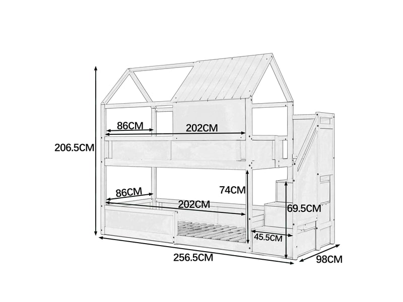  Lit superposé enfant 2 couchages 80×200 cm, barrière et escalier - okmyhome- bois massif blanc, sans matelas  - Conforama D