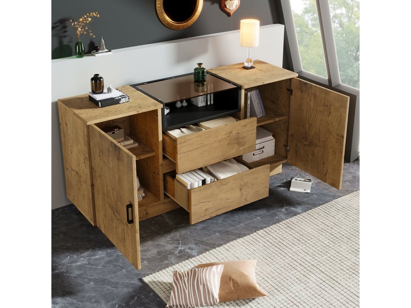  Buffet 140x40x70 cm chêne clair, 2 portes, 2 tiroirs et niche ouverte  - Conforama D