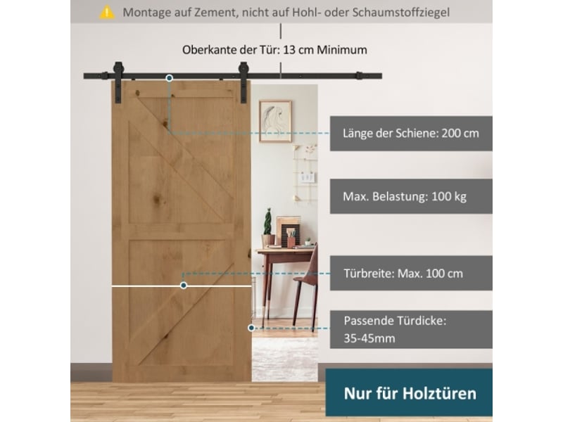 Kit de rail coulissant pour porte coulissante 2 m en métal noir, capacité 100 kg, système de guidage robuste pour aménagement intérieur - Conforama C