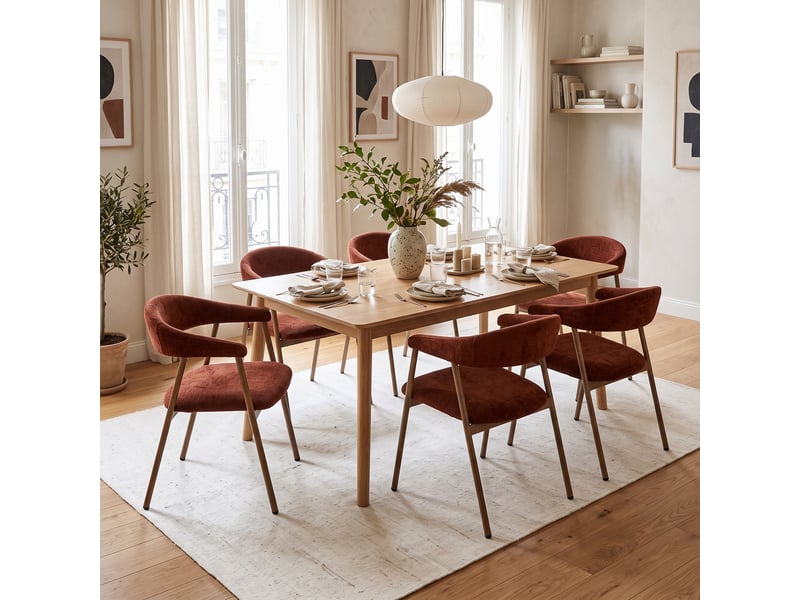  Chaises de salle à manger lot de 2 rembourrée en chenille, pieds en métal effet bois, rouge  - Conforama R