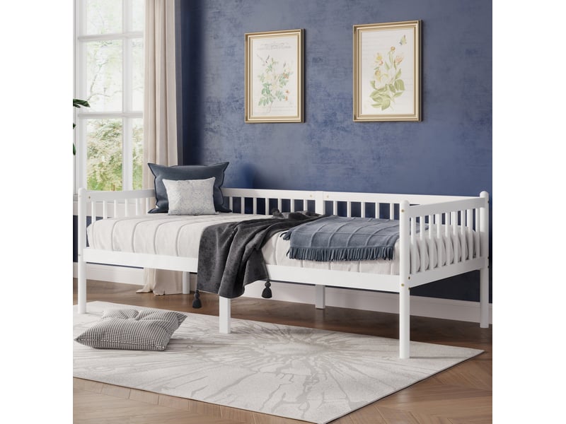  Lit de jour modenvie 90 x 200 cm en pin blanc avec barrières sur 3 côtés et 14 lattes  - Conforama E