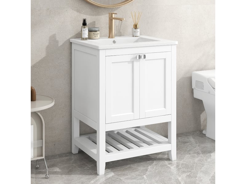  Meuble salle de bain 60cm blanc avec vasque en céramique, meuble sous vasque sur pied en bois massif et mdf, 61x46x90cm  - Conforama B
