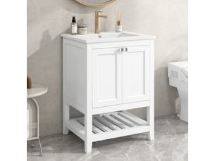 Meuble salle de bain 60cm blanc avec vasque en céramique, meuble sous vasque sur pied en bois massif et mdf, 61x46x90cm