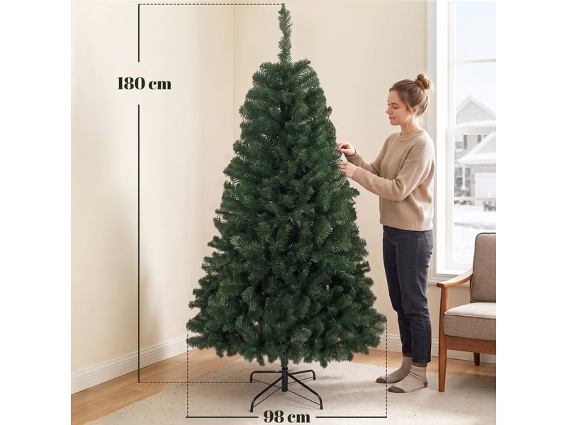  Sapin de noël artificiel de 180 cm avec 888 branches ignifugées, base métallique pliable, vert  - Conforama C