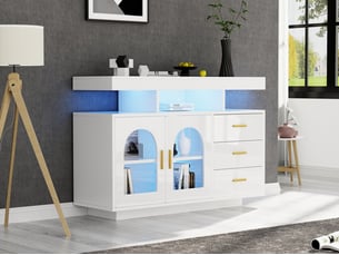 Buffet de cuisine, 2 portes 3 tiroirs, meuble de rangement, 120 x 40 x 80 cm, avec éclairage 16 couleurs, blanc