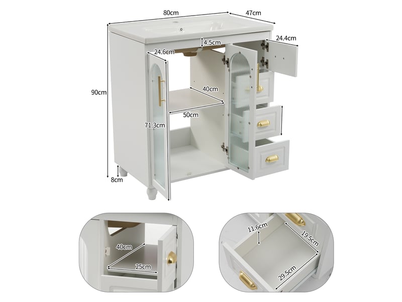 Meuble sous vasque avec 3 portes, 3 tiroirs et vasque en céramique, blanc, pour salle de bain, longueur 80 cm - Conforama D