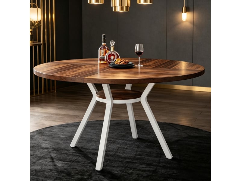  Table de salle à manger ronde pour 4 à 6 personnes avec tablette et piètement croisé en bois et métal, marron et blanc  - Conforama B
