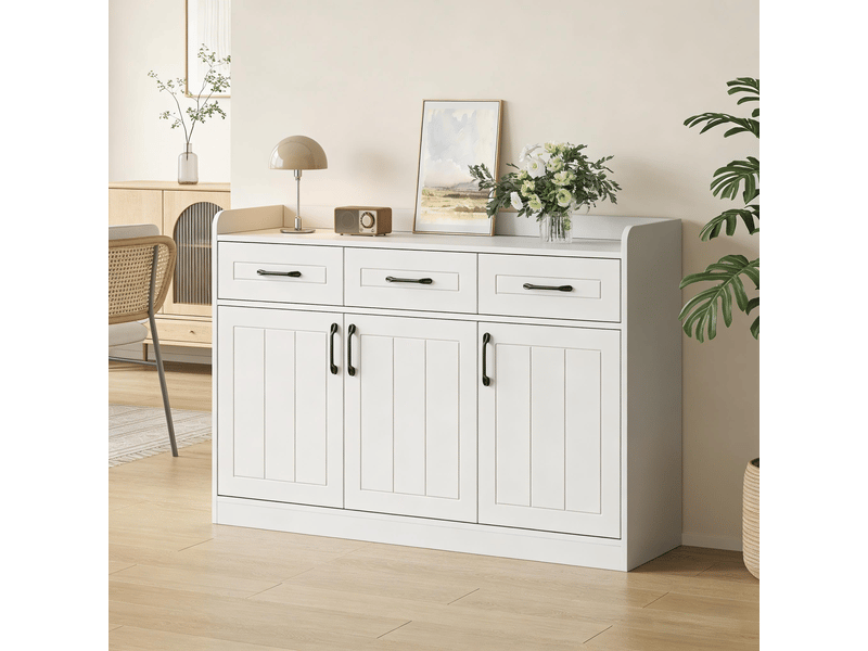  Buffet blanc 120 cm meuble de rangement 3 tiroirs et 3 portes avec étagères réglables  - Conforama E