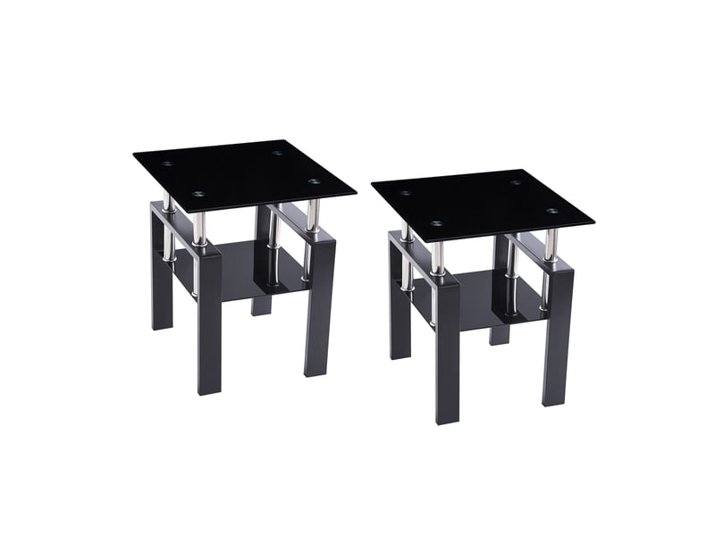 Table basse lot de 2 avec 2 niveaux de rangement en verre trempé et pieds métalliques noirs pour salon 45 × 45 × 52 cm - Conforama A