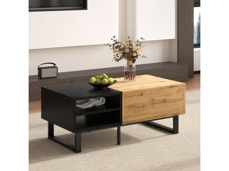  Table basse noire et bois avec 3 niches ouvertes, 1 tiroir et pieds en métal  - Conforama E