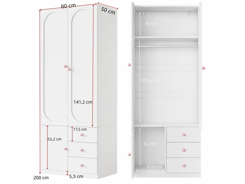 Armoire à deux portes avec tiroirs et penderie, rangement pour chambre, en mdf, blanc, 160 × 50 × 200 cm - Conforama E