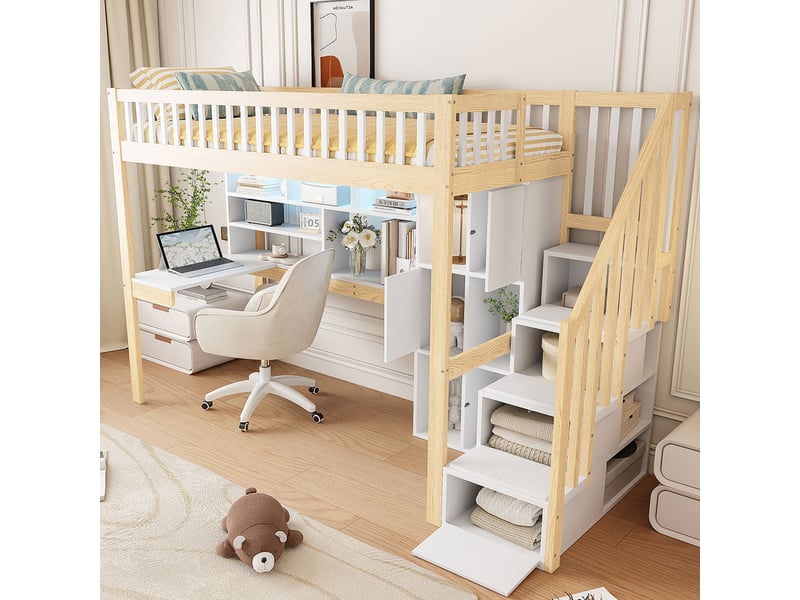  Lit mezzanine enfant 90x200 cm avec bureau intégré, échelle de rangement, étagères, niches et éclairage led, pin et mdf, blanc et naturel  - Conforama D