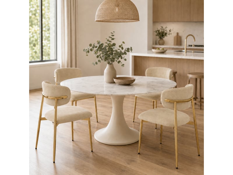 Lot de 2 chaises de salle à manger rembourrées marron, dossier incurvé, pieds en métal doré, patins réglables, charge 125 kg, design moderne - Conforama C