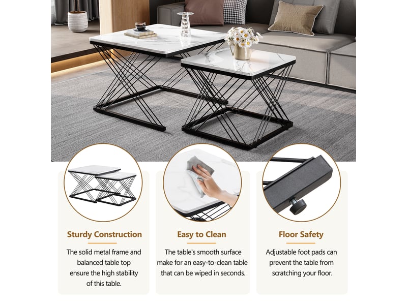  Tables basses carrées lot de 2 pour salon en mdf 60×60×45 et 45×45×40 cm noir et blanc  - Conforama C