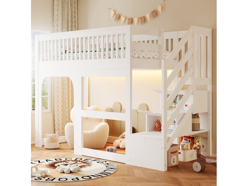  Lit mezzanine enfant 90 × 200 cm 1 place avec escalier de rangement, led et barrières, sans matelas, bois blanc  - Conforama B