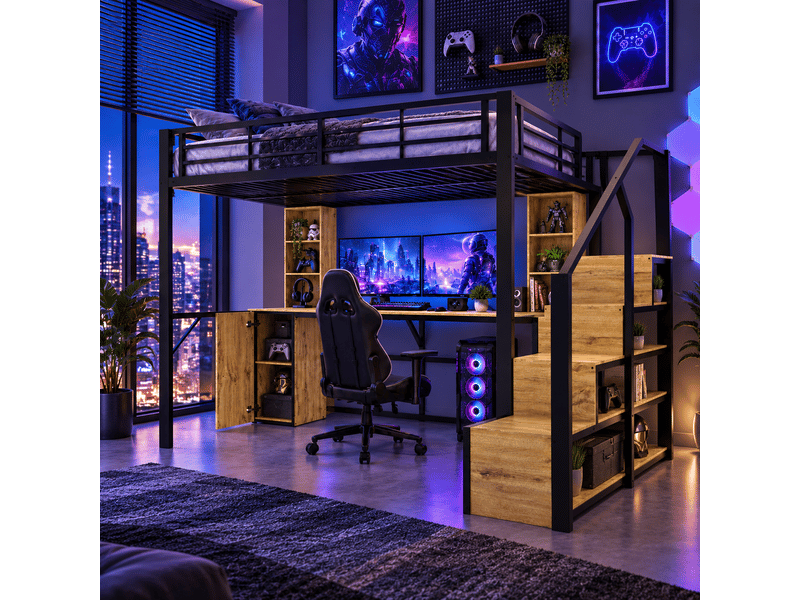  Lit mezzanine 140 x 200 cm avec bureau intégré, armoire, étagères, escalier de rangement et port usb, métal et bois - noir OMNIGLINT TRADING LTD - Conforama E