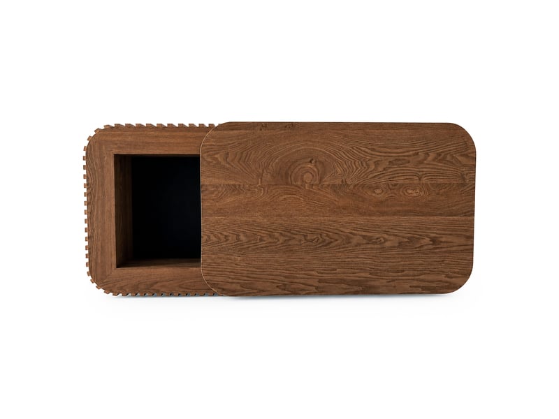  Table basse avec plateau amovible et rangement caché, finition noyer nervurée, en mdf plaqué bois, pour salon  - Conforama E